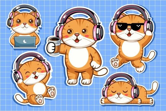 Cute Cat with Headphones Sticker Set