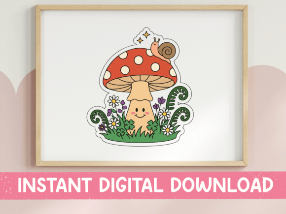 Cute Smiling Mushroom with Snail Sticker Graphics