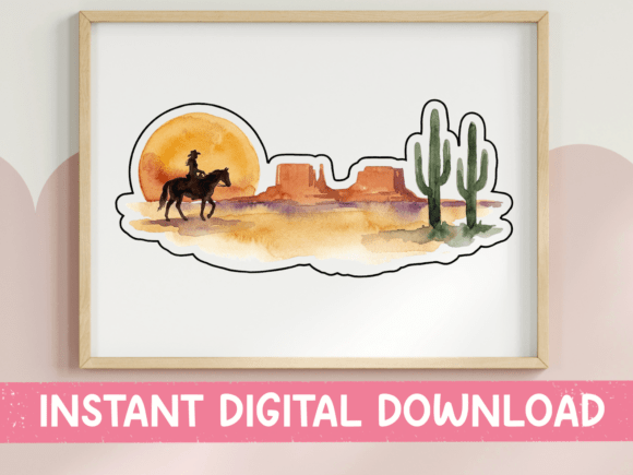 Desert Sunset Cowboy Watercolor Sticker: Graphics for T-Shirt Designs