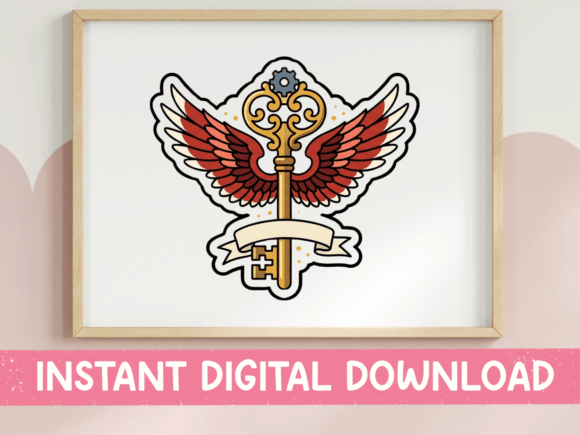 Winged Key Tattoo Style Sticker: Graphics for T-Shirt Designs